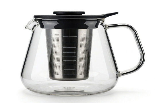 Glass teapot with stainless steel infuser strainer inside. Transparent tea maker with black lid, handle on white background. Modern kitchenware for brewing hot herbal tea coffee. Minimalist design