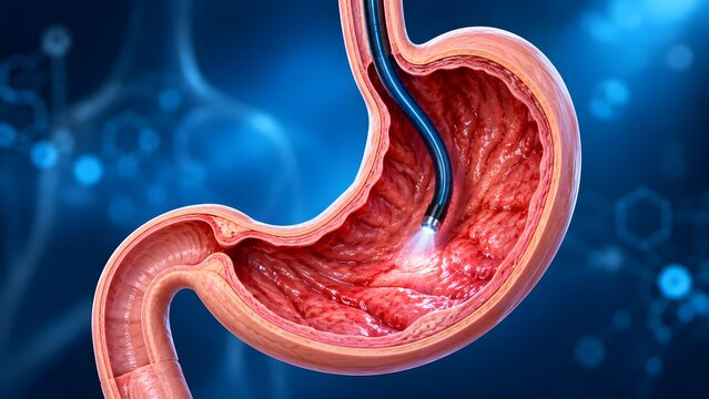 Medical illustration of an endoscopic examination of the human stomach, showing internal lining and medical scope procedure