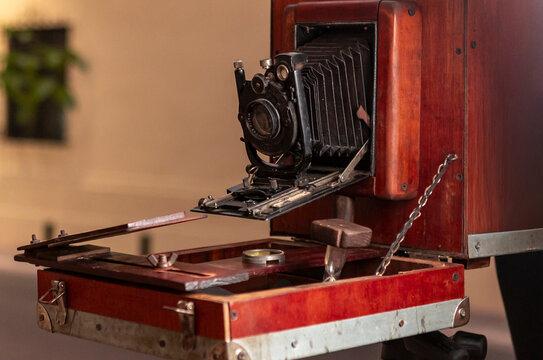 Vintage wooden bellows camera for analog photography
