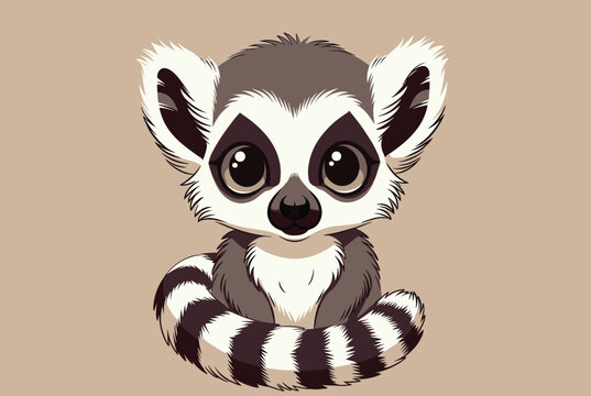 Adorable baby lemur with large expressive eyes sitting and wrapping its striped tail around its body.