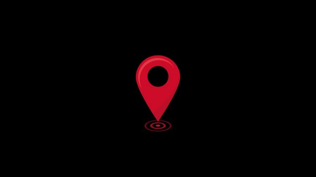 Animated red map location pointer with pulsing target rings on black background, GPS navigation motion graphic