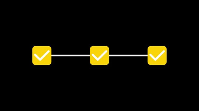 Connected yellow checkboxes moving across a dark backdrop for workflow tracking, task approval and completion animation