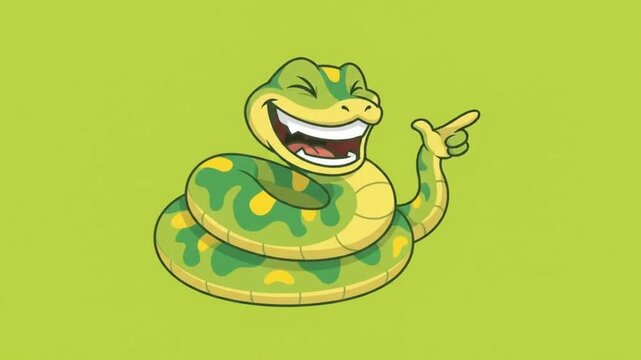 Cheerful coiled green cartoon snake character laughing and pointing with tail vector illustration