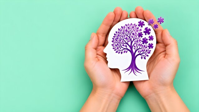 Hands holding human head silhouette with purple tree and puzzle pieces symbolizing mental health, psychology, and Alzheimer disease awareness