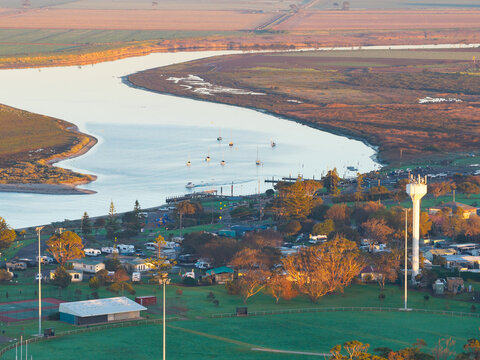 Aerial view of Werribee South coastline at sunset