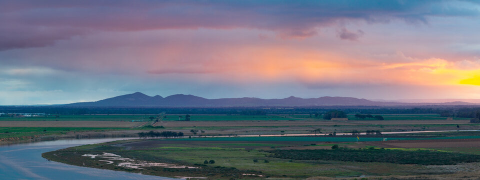 Sunset over Werribee South coastline and farmland, Victoria