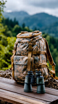 A backpack with a camouflage pattern and two binoculars on a wooden bench in a mountainous area