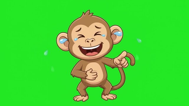 Cute cartoon monkey laughing hysterically with tears of joy on a green screen background, funny jungle animal illustration
