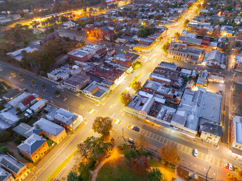 Castlemaine city lights at twilight in Victoria, Australia