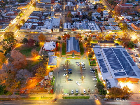 Aerial view of Castlemaine city lights at twilight, Victoria