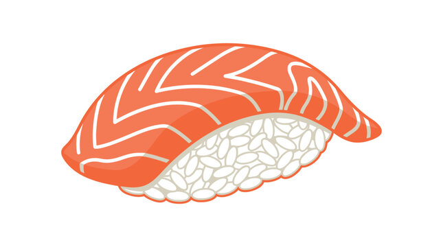 A salmon nigiri sushi piece is depicted in a colorful vector illustration