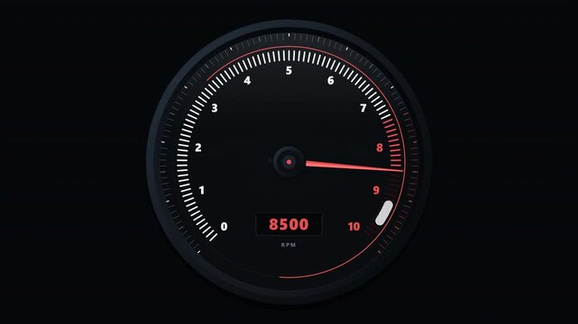 Futuristic 3D illustration of a precision tachometer displaying 8500 RPM, featuring a dark circular dial, white numerical markings, a red high-speed zone, and a red needle.