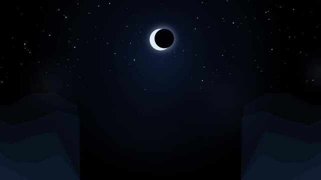 A total solar eclipse occurring in the night sky surrounded by bright glowing stars and mountain silhouettes