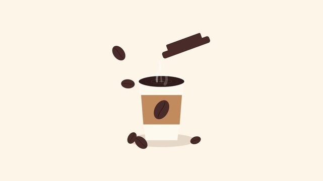 floating coffee beans and takeaway coffee cup animation