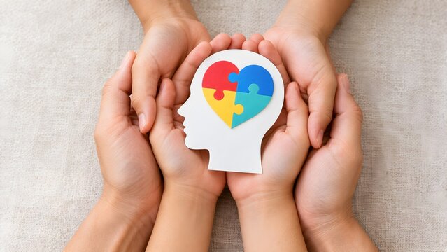 Adult and child hands holding a paper cutout of a human head with a colorful heart shaped jigsaw puzzle symbolizing autism awareness
