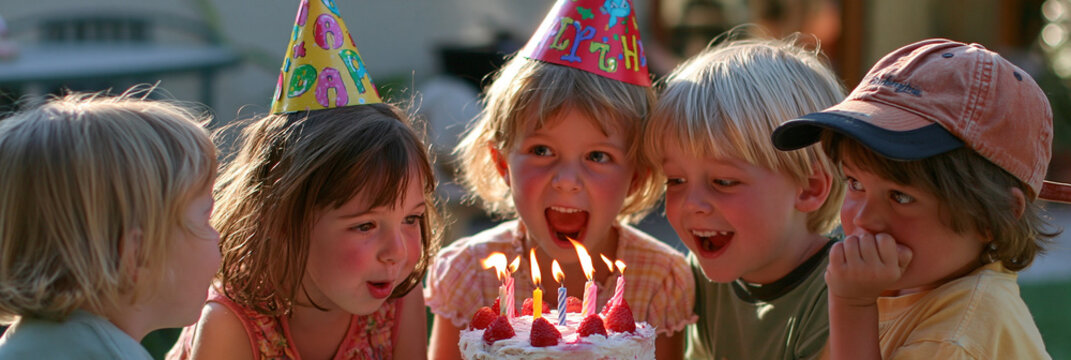 Kinder mit Partyh&uuml;ten pusten Kerzen auf Geburtstagstorte aus