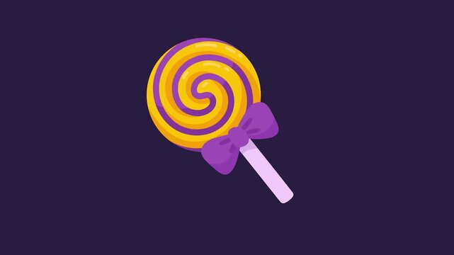 Vibrant Purple and Yellow Swirl Lollipop with a Charming Bow on a Dark Background