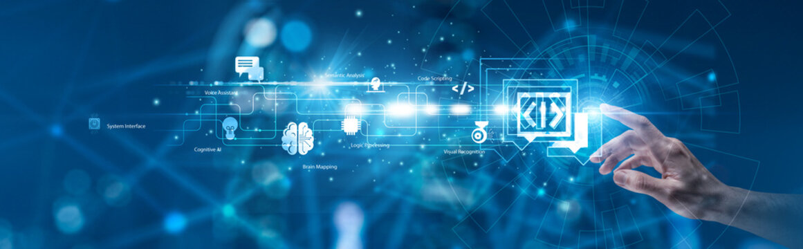 Computational Linguistics. Specialist pointing the hand at glowing natural language processing syntax models and data stream. Speech recognition and text analytics.