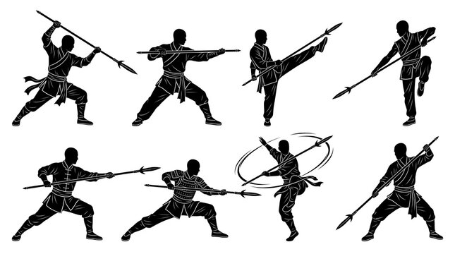 Martial artists spear poses silhouettes set