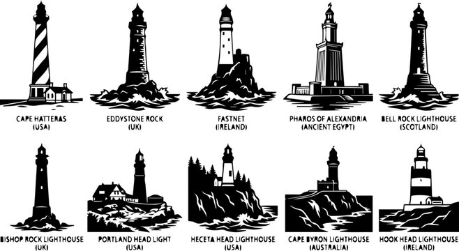 Lighthouse Silhouette Set &ndash; Pharos of Alexandria, Eddystone Rock, Coastal Icons