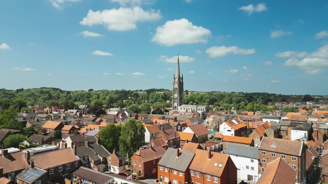 Aerial view of historic town with red rooftops