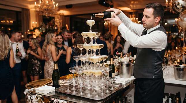 Waiter pouring champagne into pyramid glasses at party