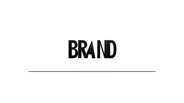 Animated text "BRAND" appears and animates on white background, minimalist logo reveal