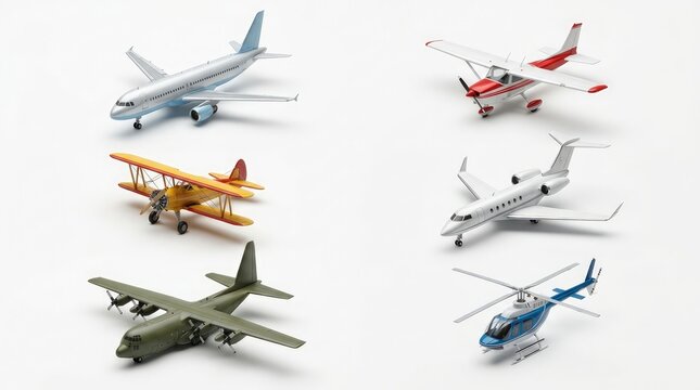 Collection of diverse aircraft models featuring a commercial passenger jet, private business plane, vintage biplane, military cargo transport, small propeller airplane, and helicopter on white.