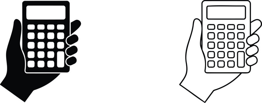 Calculator, Held in Hand Icon Design, Monochrome Vector Illustration. Financial Concept, Business Tool, Digital Device.