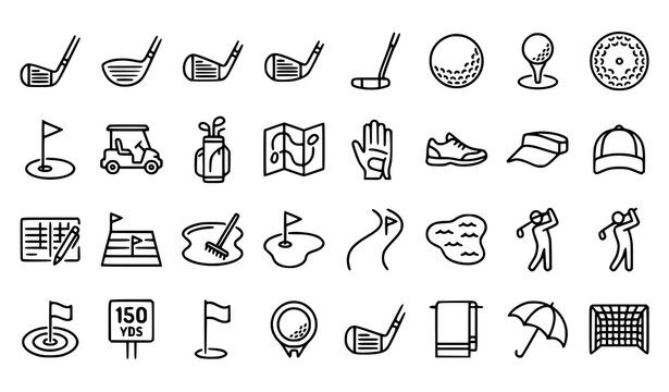 Professional Golf Equipment Thin Line Icons Editable Stroke Vector Set