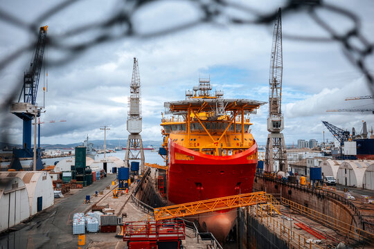 Offshore vessel in Gibraltar shipyard dry dock