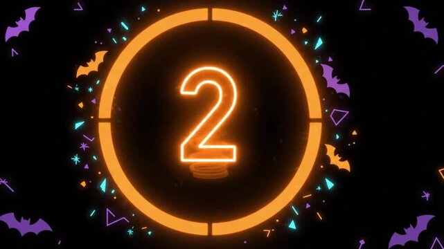 Glowing Neon Halloween Countdown Timer Number Two with Flying Bats and Geometric Confetti Elements