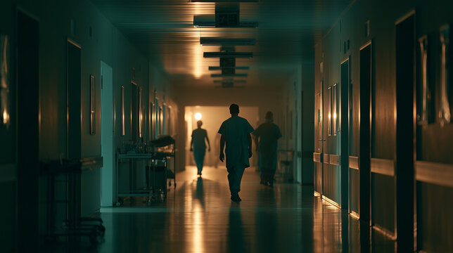 Silhouetted medical staff walking down dim hospital corridor toward warm light in cinematic night shift