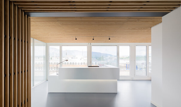 Modern coworking office reception with wood ceiling design