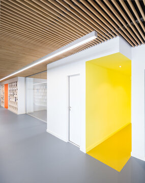 Modern coworking office interior with yellow reception area