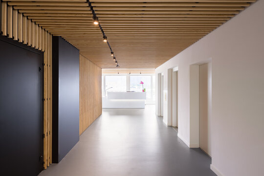 Modern coworking office corridor with wood ceiling design
