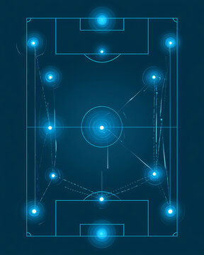 Soccer field blueprint with glowing player positions and strategic lines