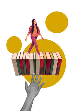 Poster image vertical photo collage of happy student girl walk book education concept leaner library hand choice story plot