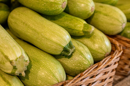 Fresh zucchini harvest in a rustic wicker basket