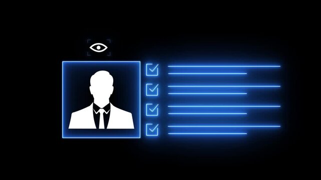 kyc concept. Glowing neon Identification cards, ID Card icon animation. parsons verify icon animation, profile verify account icon. profile. 4k video motion graphics...