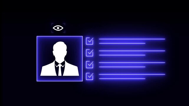 kyc concept. Glowing neon Identification cards, ID Card icon animation. parsons verify icon animation, profile verify account icon. profile. 4k video motion graphics...