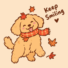 Fototapeta premium Cute Autumn Puppy Wearing Plaid Scarf with Keep Smiling Quote
