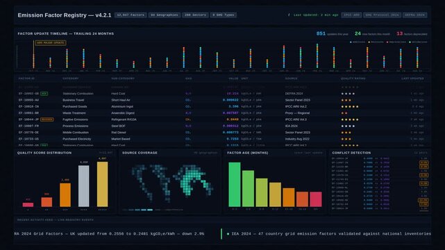 4K dark mode emissions factor management dashboard animation showing calculation methods, data quality metrics, and real-time updates for carbon accounting specialists.