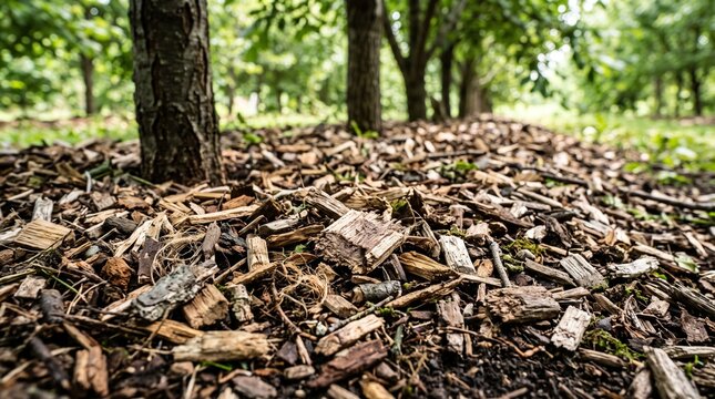 Wood chips mulch around tree trunks in agroforestry plantation