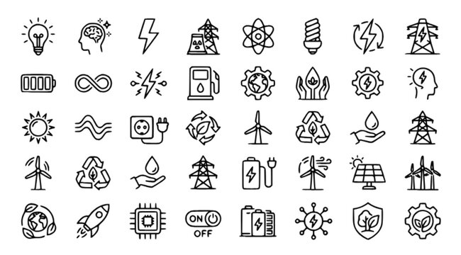 Energy Electricity Innovation and Renewable Power Thin Line Icon Set