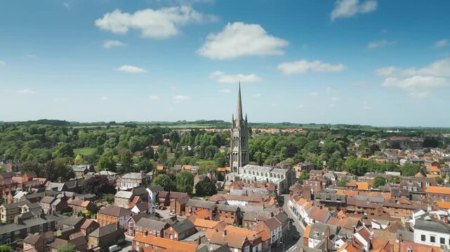 Aerial view of historic town with red rooftops