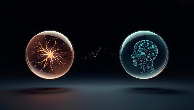 An abstract illustration depicting two transparent spheres connected by lines: one symbolizes the human mind, and the other represents AI. The interaction between technology and consciousness.