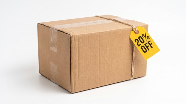 Cardboard box with 20 percent off tag and twine on white background