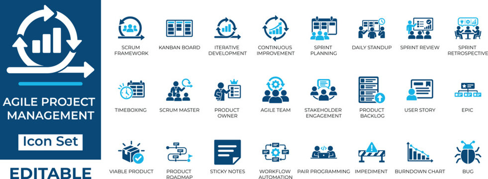 Agile project management solid icon set. Containing scrum framework, kanban board, sprint planning, scrum master and product owner icons.