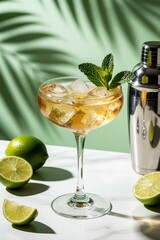 Fototapeta premium Refreshing Cuban cocktail with white rum, lime, mint, ice in glass. Cold alcoholic drink sits on marble table with shaker. Summer beverage with citrus fruit, palm leaf shadows on green background.